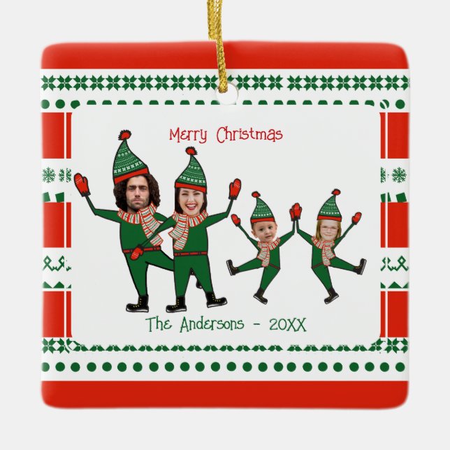 Familie der Funny Elf Vier Foto Rot Grünen Weihnac Keramikornament (Vorderseite)