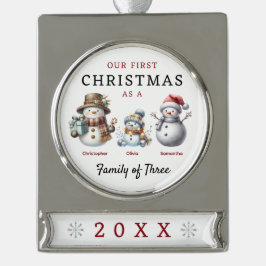 Familie der Schneemänner drei Weihnachten Banner-Ornament Silber