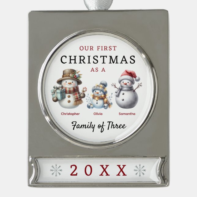 Familie der Schneemänner drei Weihnachten Banner-Ornament Silber (Vorderseite)