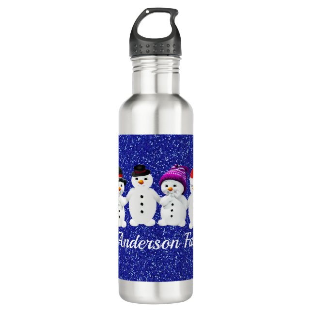 Familie der vier Snowmen Blue Sparkle Winter Edelstahlflasche (Vorderseite)