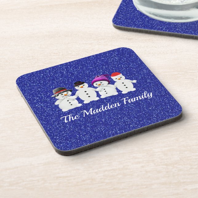 Familie der vier Snowmen Blue Sparkle Winter Getränkeuntersetzer (Linke Seite)