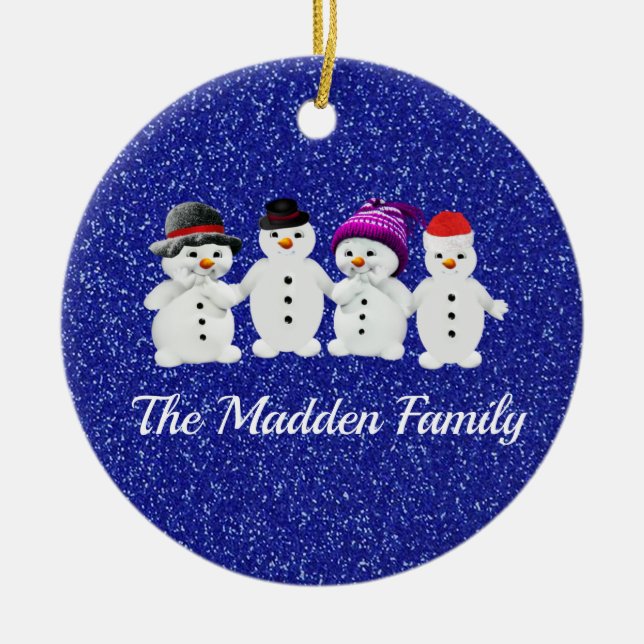 Familie der vier Snowmen Blue Sparkle Winter Keramik Ornament (Vorne)