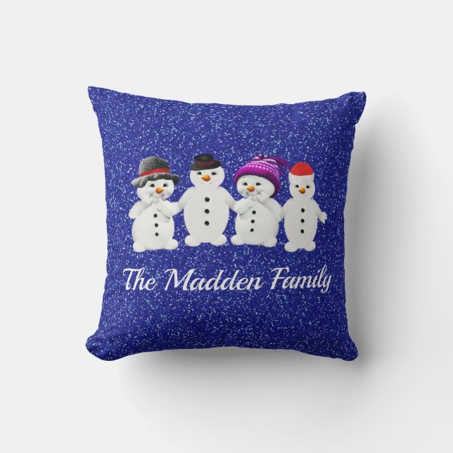 Familie der vier Snowmen Blue Sparkle Winter Kissen (Vorderseite)