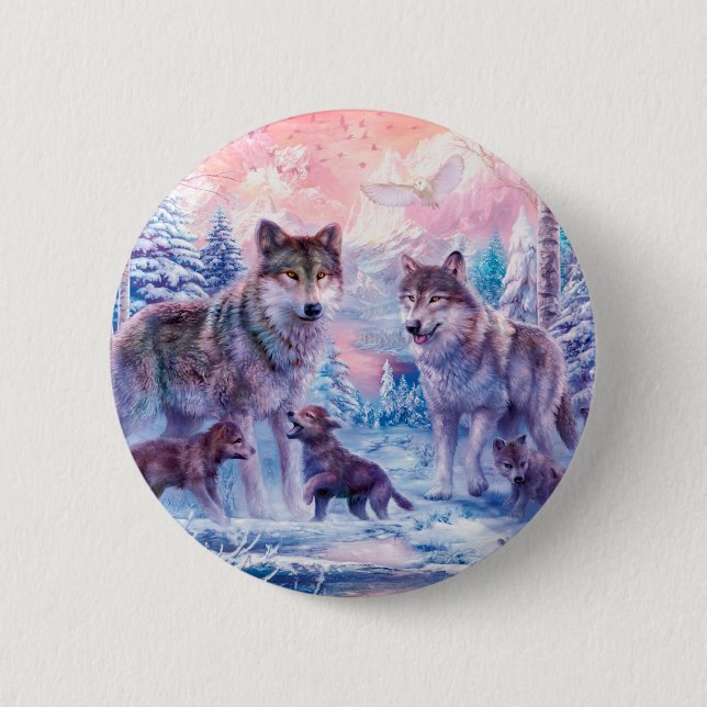 Familie der Wölfe Malerei Button (Vorderseite)