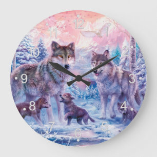 Familie der Wölfe Malerei Große Wanduhr
