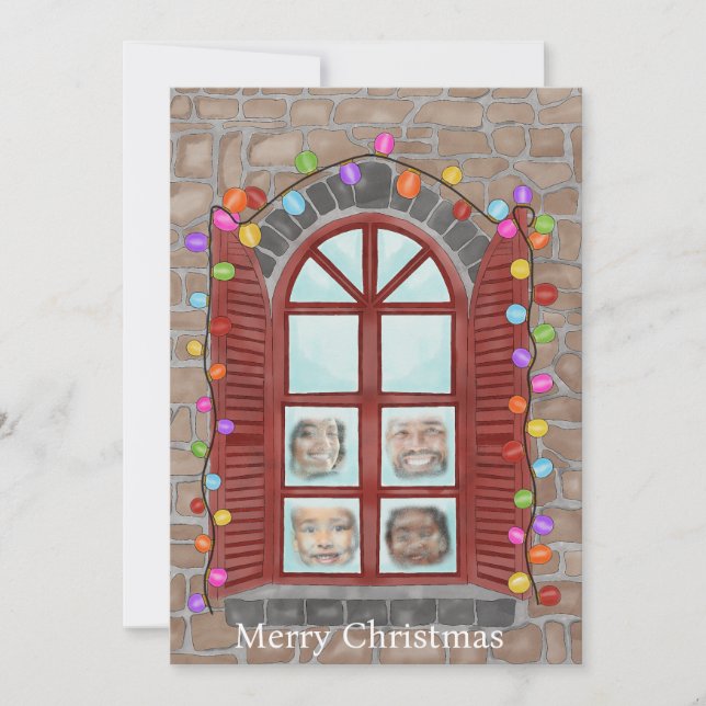 Familie hinter schneebedeckten Weihnachtsfenstern  Einladung (Vorderseite)