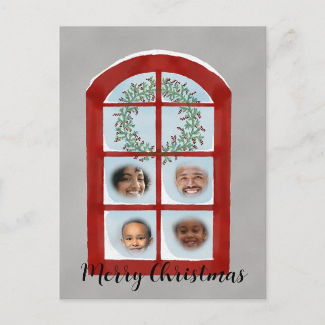 Familie hinter Weihnachtsfenstern Fotokarte Postkarte (Vorderseite)