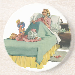 Familie im Retro-Stil, die Mama das Frühstück ins  Getränkeuntersetzer