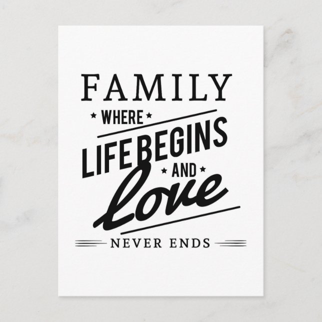 Familie, in der das Leben beginnt und Liebe nie en Postkarte (Vorderseite)