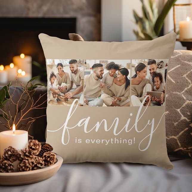 Familie ist alles 3 Foto Collage Tan Kissen (Personalize with 3 of your favorite family photos!)