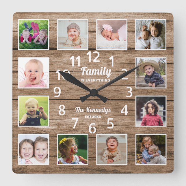 Familie ist alles Zitat Foto Collage Barn Wood Quadratische Wanduhr (Vorderseite)