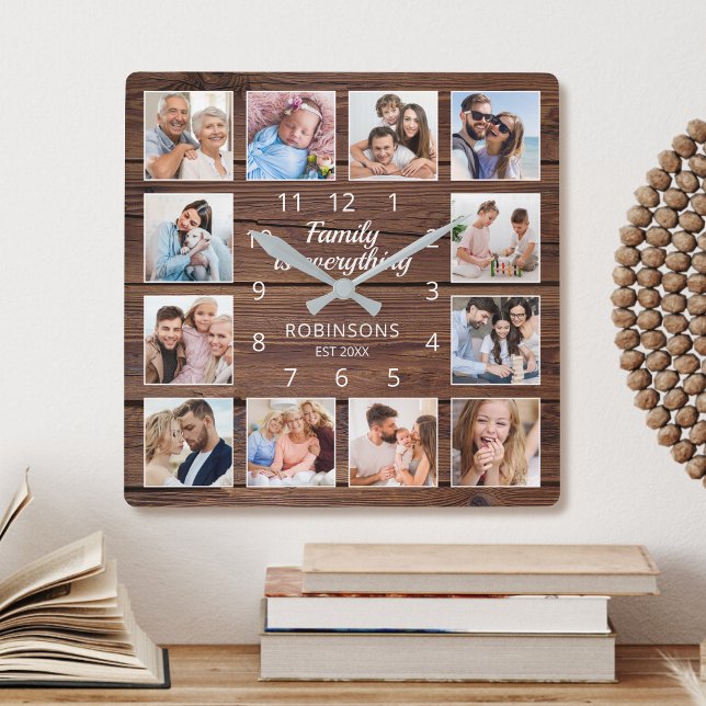 Familie ist alles Zitat Foto Collage rustikal Quadratische Wanduhr (Von Creator hochgeladen)