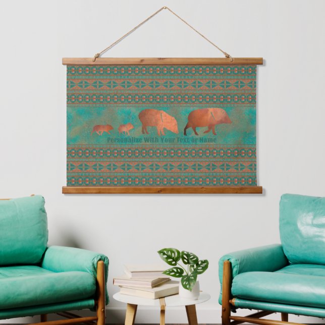 Familie Javelina Südwest Kupfer Aquamarin Personal Wandteppich Mit Holzrahmen (Wohnzimmer)