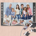 Familie mit bearbeitbarem Jahr ZigZag Foto Collage<br><div class="desc">Erstellen Sie Ihr eigenes Foto-Puzzle und fügen Sie das Jahr hinzu. Die Bildvorlage ist für Sie bereit, fünf Foto hinzuzufügen, das Set ist fertig. Das Foto wird als Hintergrund verwendet und die restlichen 4 Foto werden in einem Zickzack-Foto entlang des Untergrundes angeordnet. Dieses Design hat einen kohlegrauen Hintergrund mit weißer...</div>