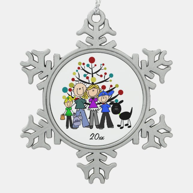 Familie mit Schwarzen Hund Schneeflocken Schneeflocken Zinn-Ornament (Vorderseite)