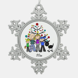 Familie mit Schwarzen Hund Schneeflocken Zinn-Ornament