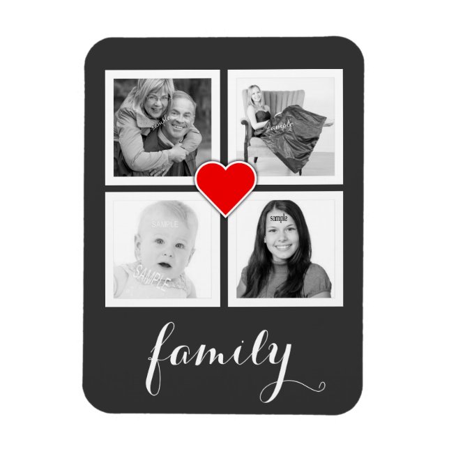 Familie mit vier Fotos und Herz Magnet (Vertikal)