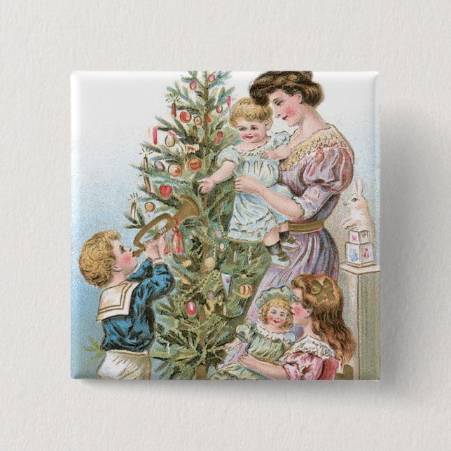 Familie mit Weihnachtsbaum Button (Vorderseite)