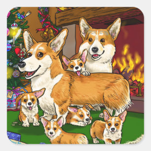Familie niedlich Corgi Quadratischer Aufkleber