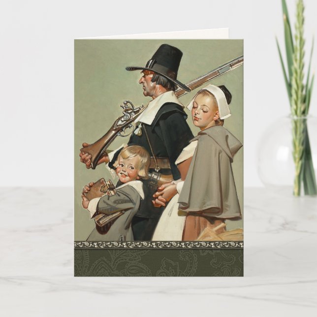 Familie Pilgrim. Vintag Art Erntedank Feiertagskarte (Vorderseite)