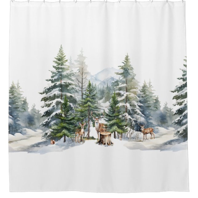 Familie Snowy Wald Rentiere Wasserfarbe Duschvorhang (Vorderseite)