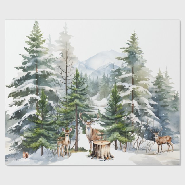 Familie Snowy Wald Rentiere Wasserfarbe Geschenkpapier (Flach)