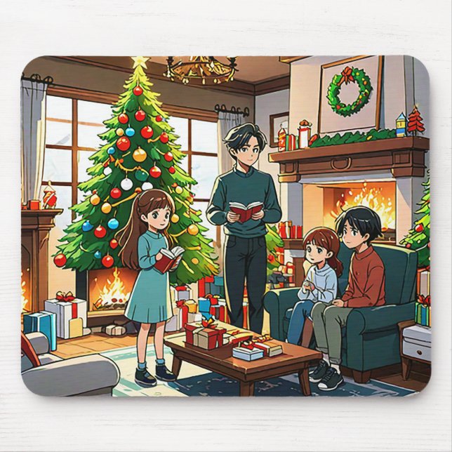 Familie um den Kamin zu Weihnachten Mousepad (Vorne)