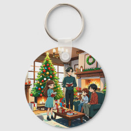 Familie um den Kamin zu Weihnachten Schlüsselanhänger