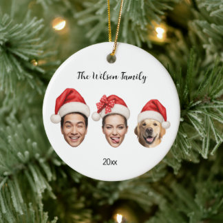 Familie- und Hund-Weihnachtsmannmützen 3 Fotos Keramik Ornament