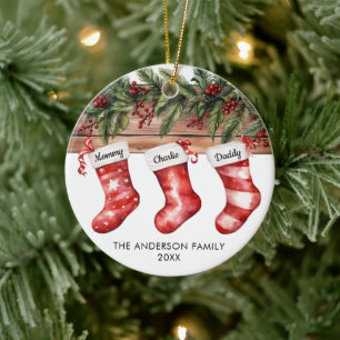 Familie von 3 Weihnachtsstrümpfen süße Wasserfarbe Keramik Ornament