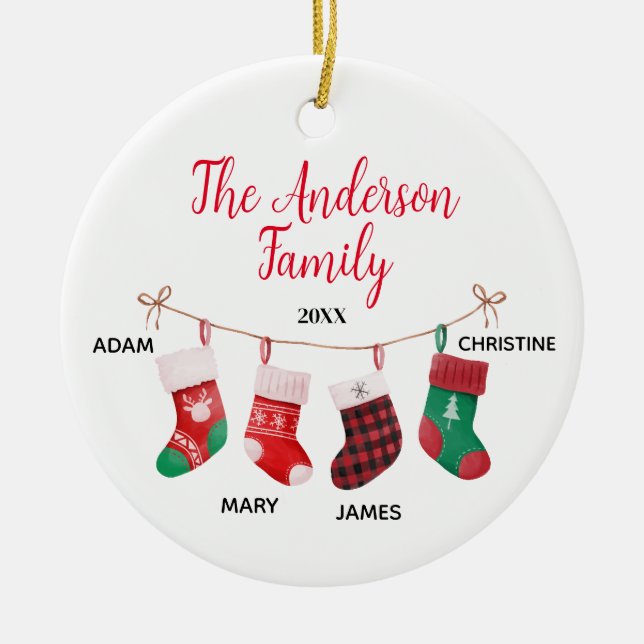 Familie von 4 mit Namen Niedlich Socken Keramik Ornament (Vorne)