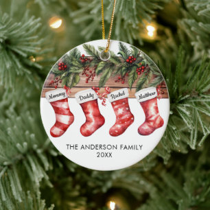 Familie von 4 vier Weihnachtsstrümpfe Wasserfarbe Keramik Ornament