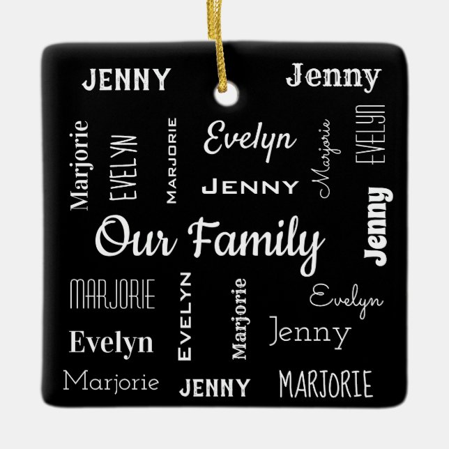 Familie von drei in Coolen Schriftart Keramikornament (Vorderseite)