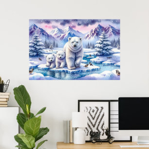 Familie von Eisbären in schneebedeckter Szene - Ge Poster