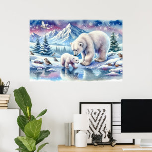 Familie von Eisbären in schneebedeckter Szene - Ma Poster