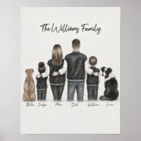 Familie von Vier und Zwei Hunden Graphit-Porträtpo