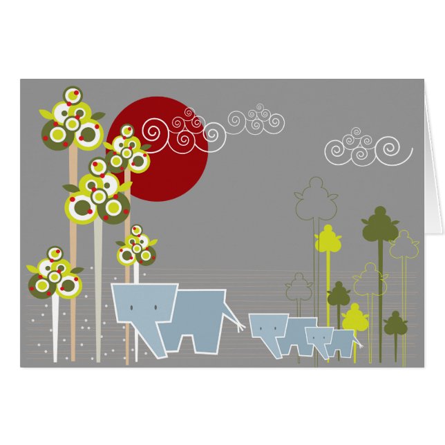 Familie Whimsical Elephant in Wald & Rote Sonne (Vorderseite (Horizontal))