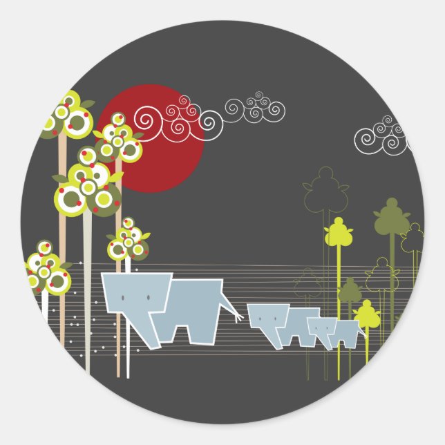 Familie Whimsical Elephant in Wald & Rote Sonne Runder Aufkleber (Vorderseite)