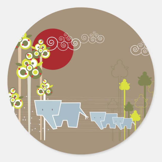 Familie Whimsical Elephant in Wald & Rote Sonne Runder Aufkleber (Vorderseite)
