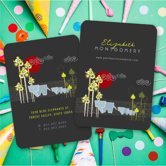 Familie Whimsical Elephant in Wald & Rote Sonne Visitenkarte (Whimsical Stylized Elephant Family In The Forest & Red Sun Business Card @ fatfatin)