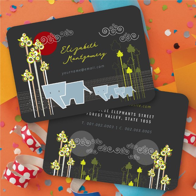 Familie Whimsical Elephant in Wald & Rote Sonne Visitenkarte (Whimsical Stylized Elephant Family In The Forest & Red Sun Business Card @ fatfatin)