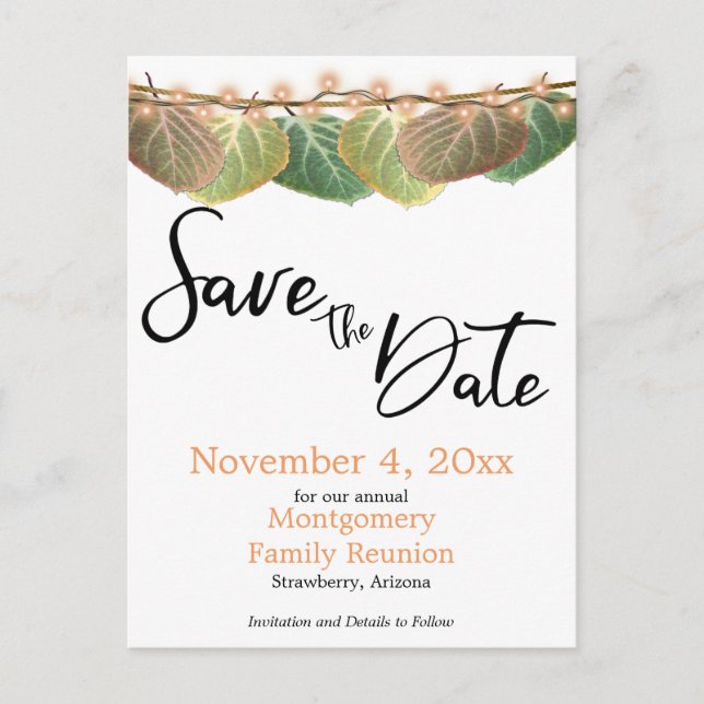 Familie Wiedersehen Save the Date Aspen Tree Blätt Ankündigungspostkarte (Vorderseite)
