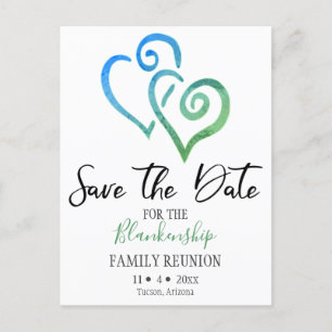Familie Wiedersehen Save the Date blaue grüne Herz Ankündigungspostkarte