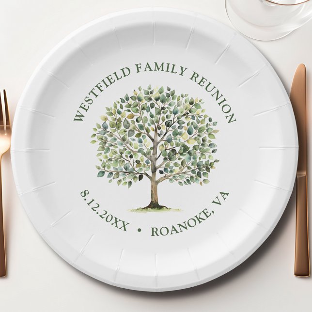 Familie Wiedersehen Woodland Wasserfarbbaum Pappteller (Family Reunion Woodland Watercolor Tree Paper Plate)