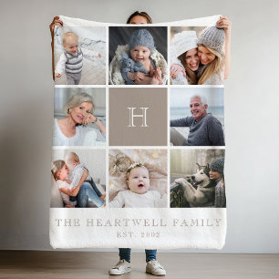 Familien-Foto-Collage-Monogramm Taupe 8 Fleecedecke