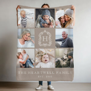 Familien-Foto-Collage-Monogramm-Wappen Taupe 8 Fleecedecke
