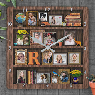 Familien-Foto-Collagen-Antiken-Bücherschrank Quadratische Wanduhr