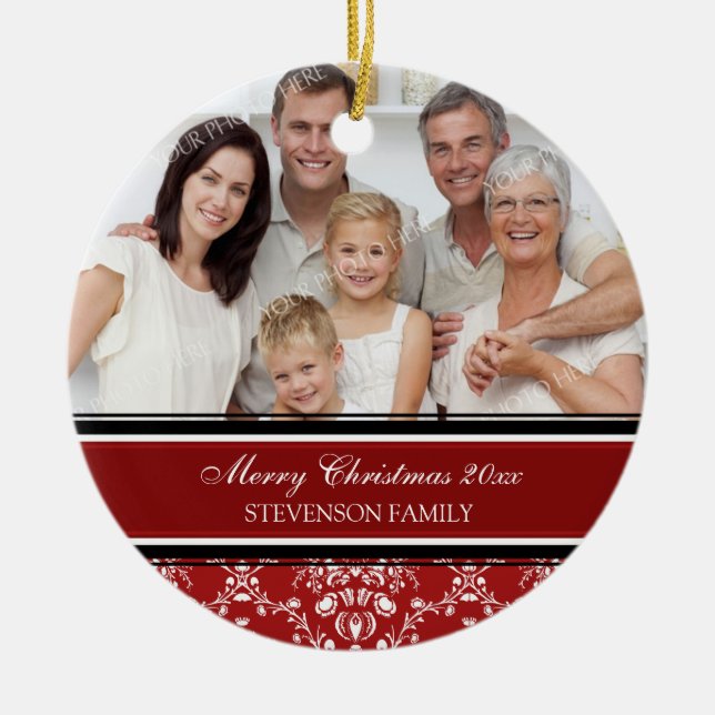 Familien-Foto-frohe Weihnacht-Verzierungs-Rot Keramik Ornament (Vorne)