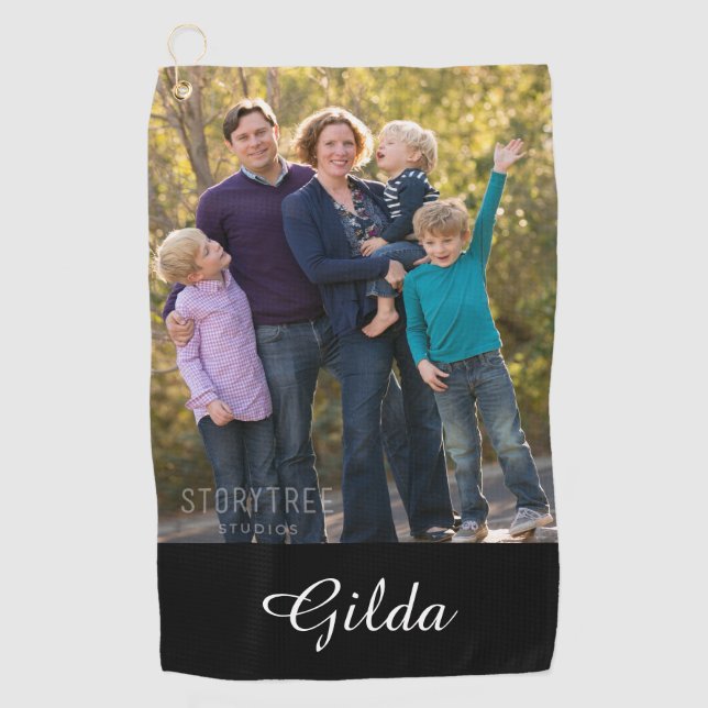 Familien-Foto-Skript-mit Monogramm Name Golfhandtuch (Vorderseite)