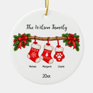 Familien-Katze- und Hund-Weihnachtsstrümpfe 3 Name Keramik Ornament